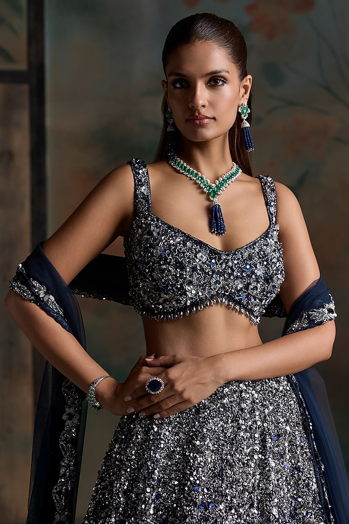 Deep Blue & Silver Ombre Net Embellished Bridal Bridal Lehenga Set by OPUS ATELIER at Pernia's Pop Up Shop