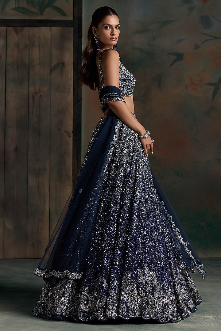 Deep Blue & Silver Ombre Net Embellished Bridal Bridal Lehenga Set by OPUS ATELIER at Pernia's Pop Up Shop