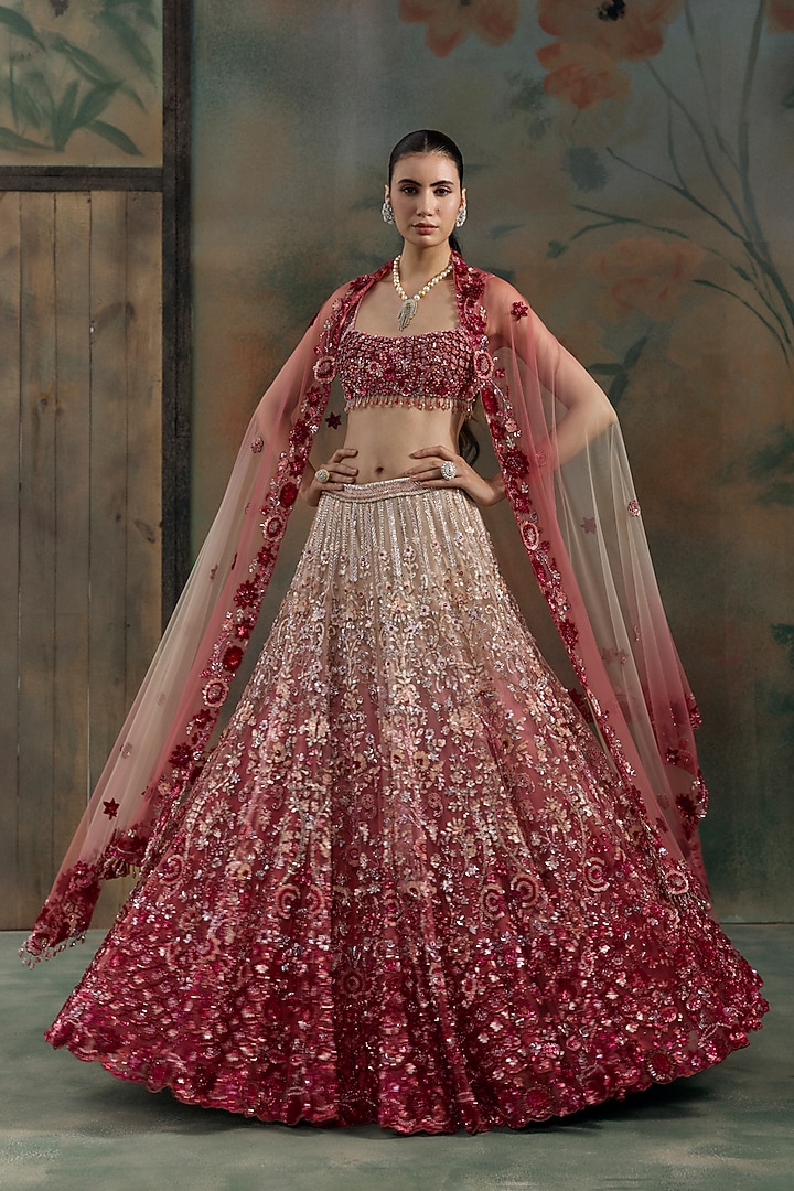 Red & Peach Ombre Net Sequin Hand Embroidered Bridal Bridal Lehenga Set by OPUS ATELIER at Pernia's Pop Up Shop