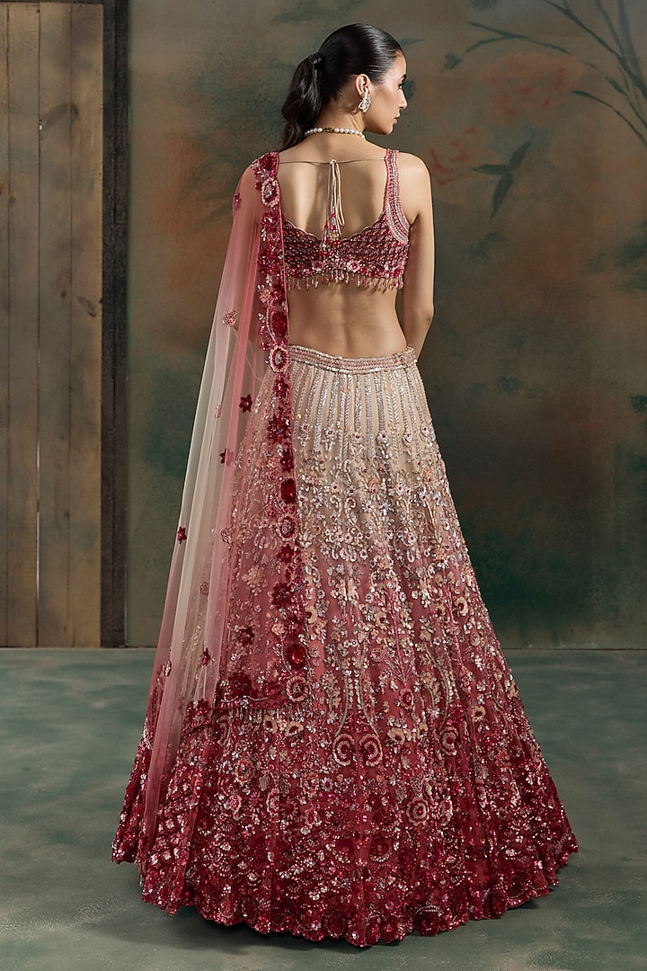 Red & Peach Ombre Net Sequin Hand Embroidered Bridal Bridal Lehenga Set by OPUS ATELIER at Pernia's Pop Up Shop