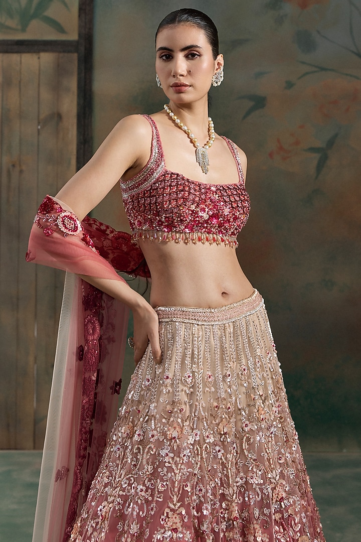 Red & Peach Ombre Net Sequin Hand Embroidered Bridal Bridal Lehenga Set by OPUS ATELIER at Pernia's Pop Up Shop