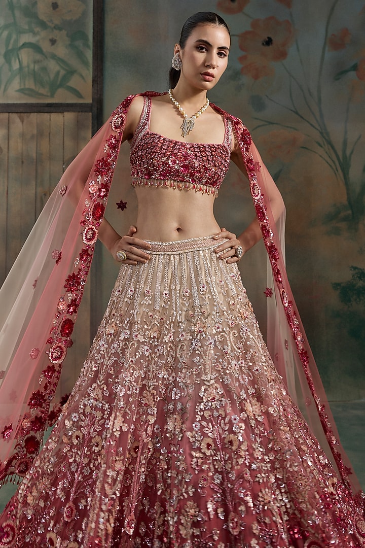 Red & Peach Ombre Net Sequin Hand Embroidered Bridal Bridal Lehenga Set by OPUS ATELIER at Pernia's Pop Up Shop