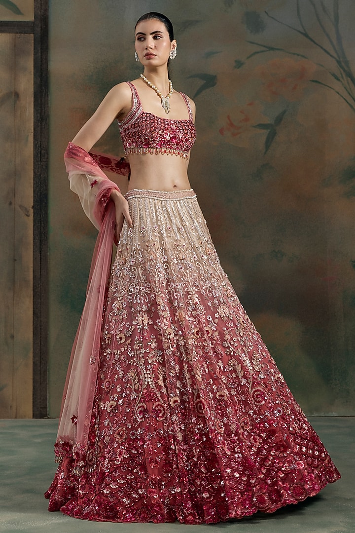 Red & Peach Ombre Net Sequin Hand Embroidered Bridal Bridal Lehenga Set by OPUS ATELIER at Pernia's Pop Up Shop
