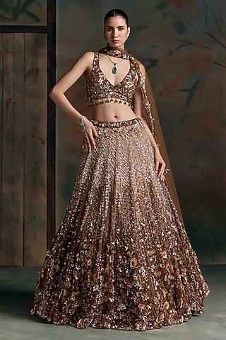 Peach & Brown Ombre Net Embellished Bridal Lehenga Set by OPUS ATELIER