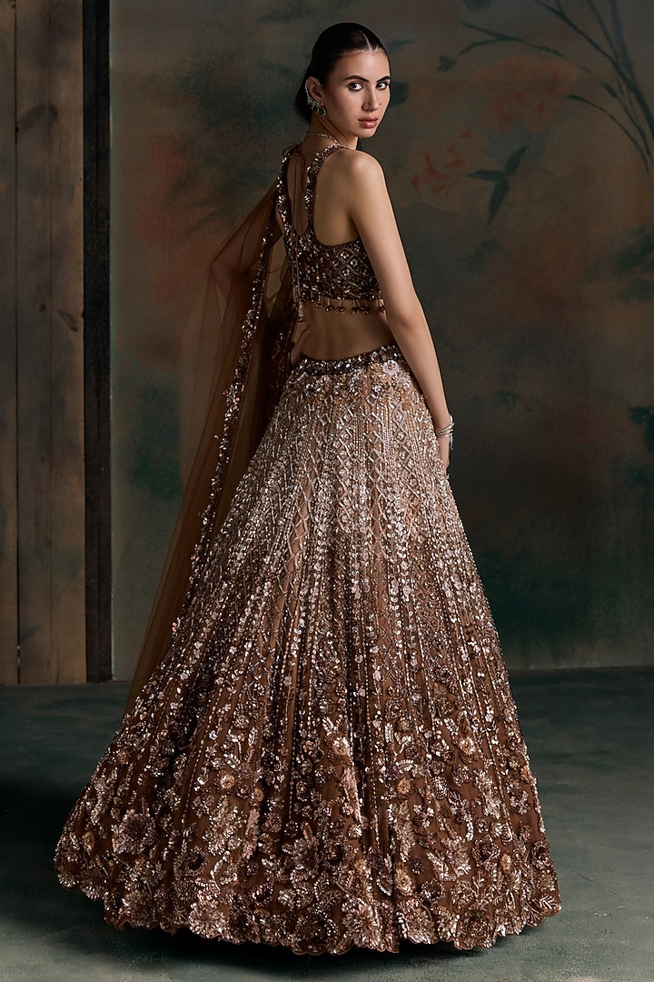 Peach & Brown Ombre Net Embellished Bridal Bridal Lehenga Set by OPUS ATELIER at Pernia's Pop Up Shop