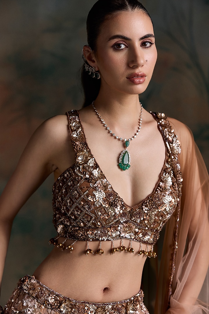 Peach & Brown Ombre Net Embellished Bridal Bridal Lehenga Set by OPUS ATELIER at Pernia's Pop Up Shop