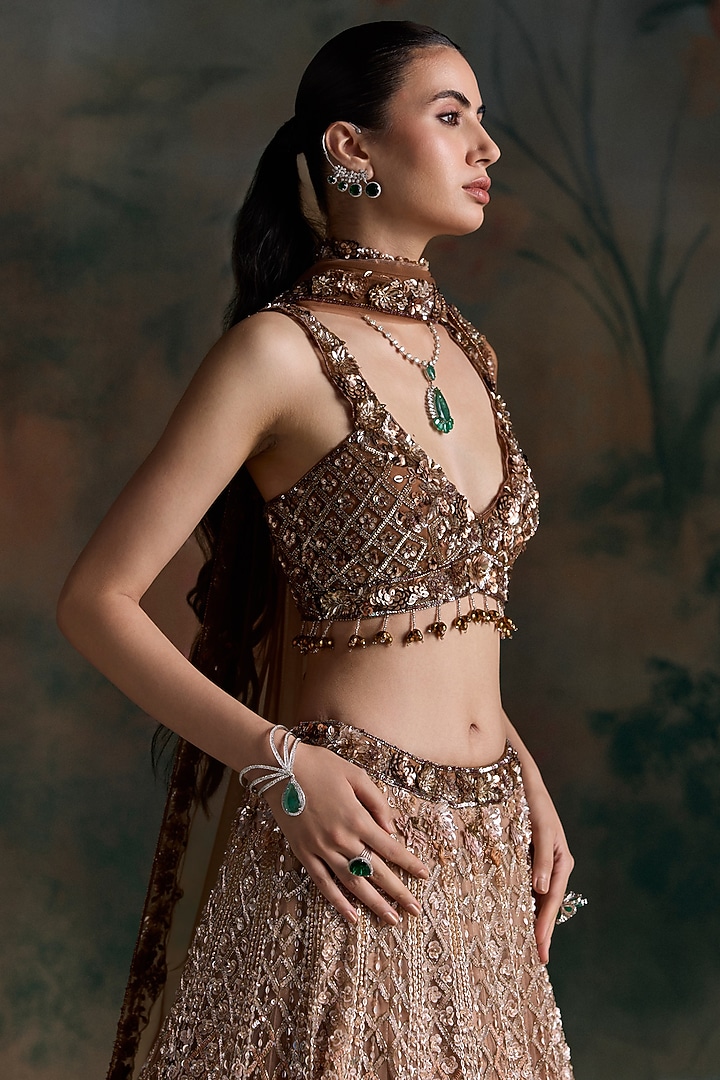 Peach & Brown Ombre Net Embellished Bridal Bridal Lehenga Set by OPUS ATELIER at Pernia's Pop Up Shop