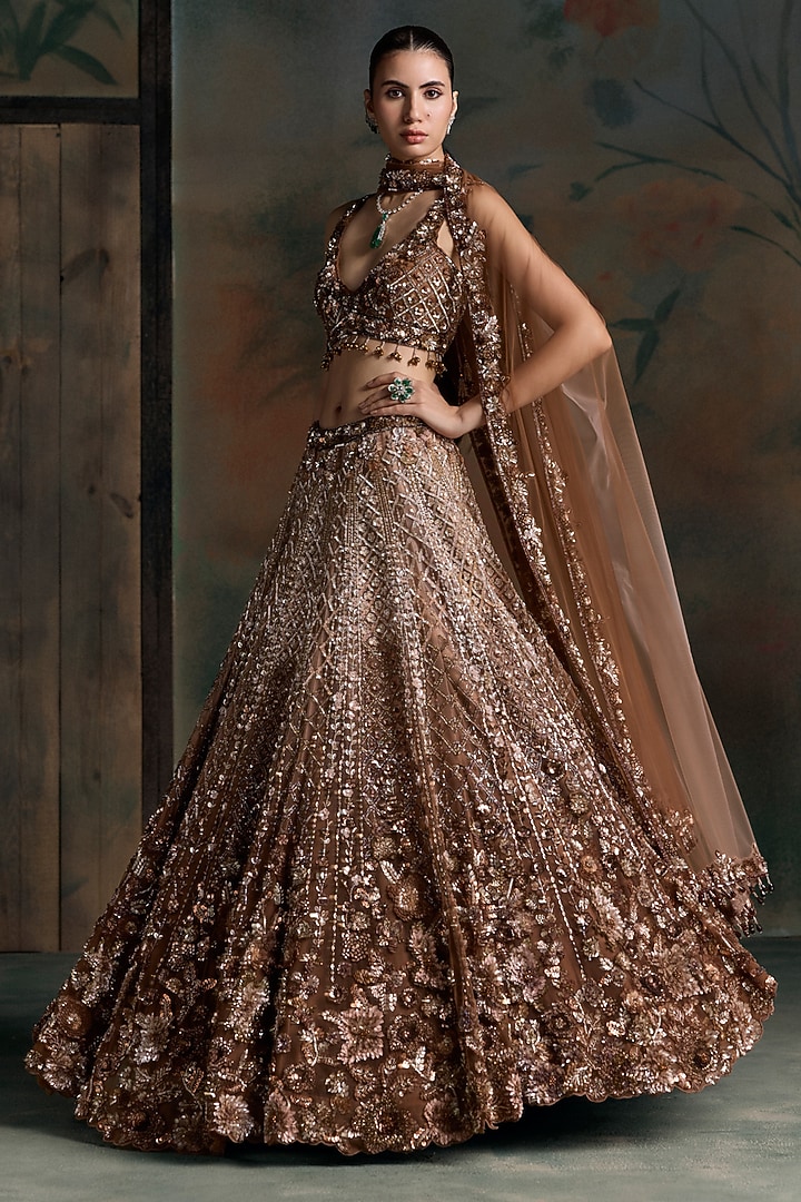 Peach & Brown Ombre Net Embellished Bridal Bridal Lehenga Set by OPUS ATELIER at Pernia's Pop Up Shop