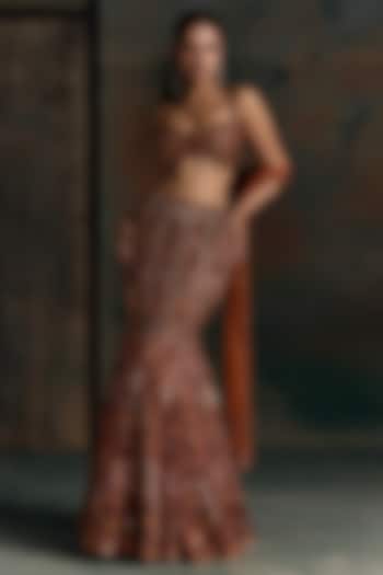 Burnt Orange Net Crystal Embellished Fish-Cut Bridal Bridal Lehenga Set by OPUS ATELIER at Pernia's Pop Up Shop