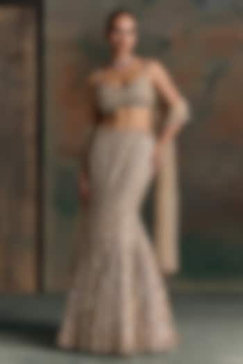 Light Gold Net Crystal Embellished Fish-Cut Bridal Bridal Lehenga Set by OPUS ATELIER at Pernia's Pop Up Shop