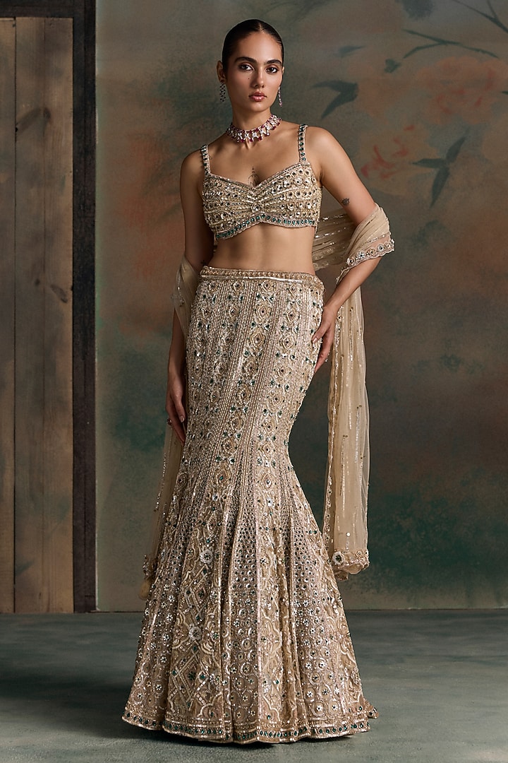 Light Gold Net Crystal Embellished Fish-Cut Bridal Bridal Lehenga Set by OPUS ATELIER at Pernia's Pop Up Shop