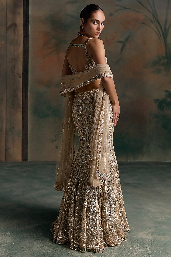 Light Gold Net Crystal Embellished Fish-Cut Bridal Bridal Lehenga Set by OPUS ATELIER at Pernia's Pop Up Shop