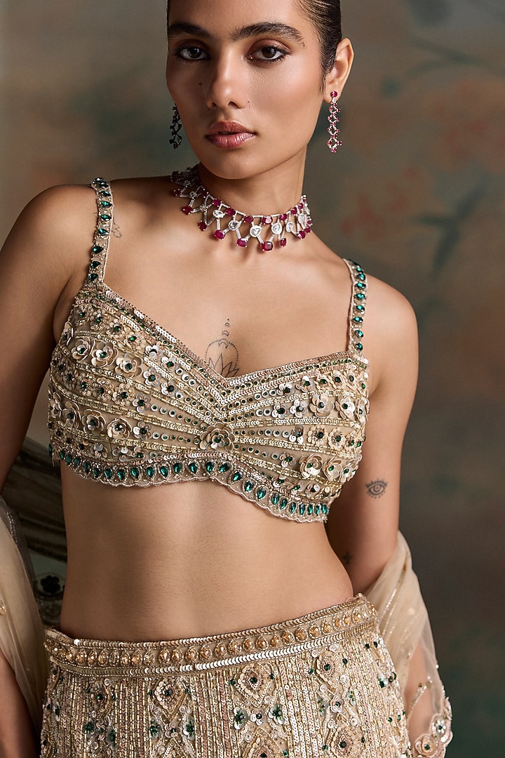 Light Gold Net Crystal Embellished Fish-Cut Bridal Bridal Lehenga Set by OPUS ATELIER at Pernia's Pop Up Shop