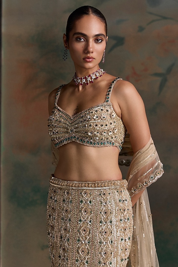Light Gold Net Crystal Embellished Fish-Cut Bridal Bridal Lehenga Set by OPUS ATELIER at Pernia's Pop Up Shop
