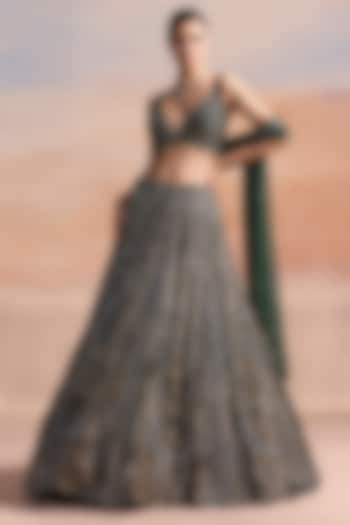 Emerald Green Net Hand Embroidered Bridal Bridal Lehenga Set by OPUS ATELIER at Pernia's Pop Up Shop