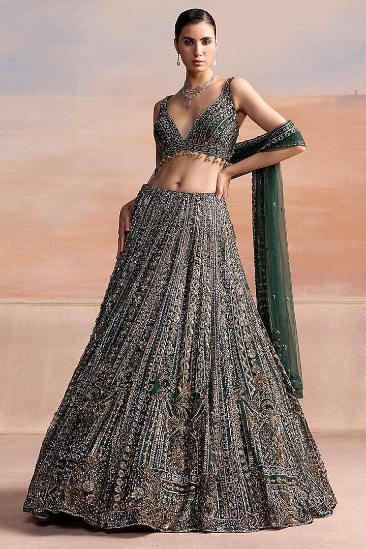 Emerald Green Net Hand Embroidered Bridal Bridal Lehenga Set by OPUS ATELIER at Pernia's Pop Up Shop
