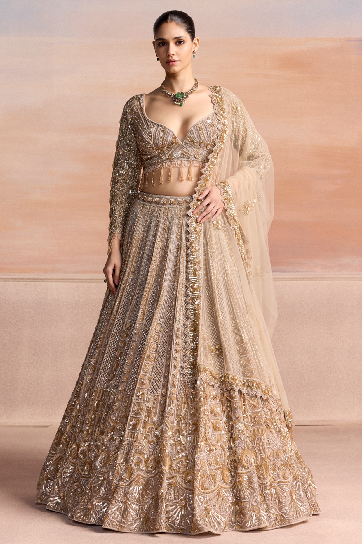 OPUS ATELIER Gold Net Bead Hand Embroidered Bridal Lehenga Set