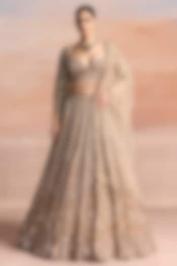 Gold Net Bead Hand Embroidered Bridal Bridal Lehenga Set by OPUS ATELIER at Pernia's Pop Up Shop