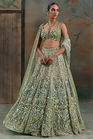 Light Green Ombre Net Sequin Hand Embroidered Bridal Lehenga Set by OPUS ATELIER