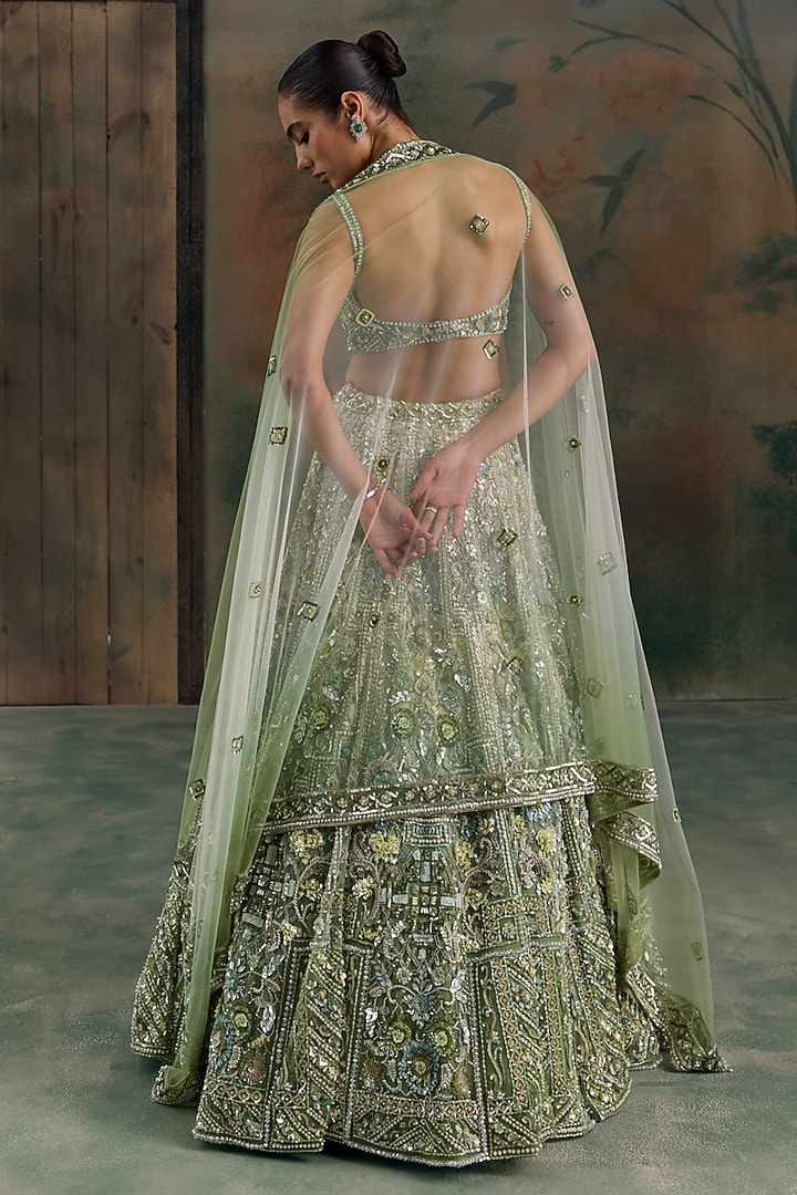 Light Green Ombre Net Sequin Hand Embroidered Bridal Bridal Lehenga Set by OPUS ATELIER at Pernia's Pop Up Shop