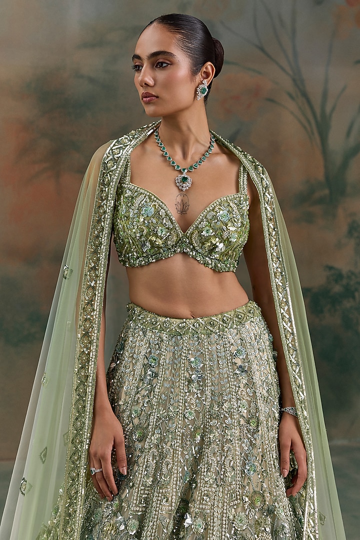 Light Green Ombre Net Sequin Hand Embroidered Bridal Bridal Lehenga Set by OPUS ATELIER at Pernia's Pop Up Shop