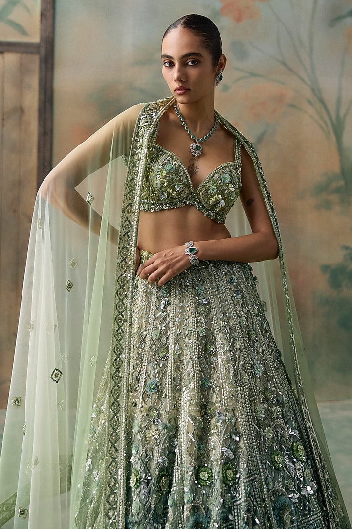 Light Green Ombre Net Sequin Hand Embroidered Bridal Bridal Lehenga Set by OPUS ATELIER at Pernia's Pop Up Shop