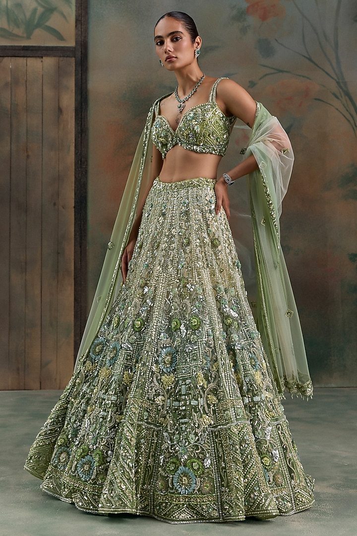 Light Green Ombre Net Sequin Hand Embroidered Bridal Bridal Lehenga Set by OPUS ATELIER at Pernia's Pop Up Shop