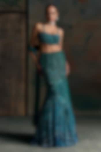 Teal Blue Net Embellished Fish-Cut Bridal Bridal Lehenga Set by OPUS ATELIER at Pernia's Pop Up Shop