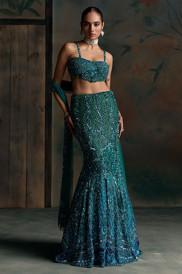 Teal Blue Net Embellished Fish-Cut Bridal Bridal Lehenga Set by OPUS ATELIER at Pernia's Pop Up Shop