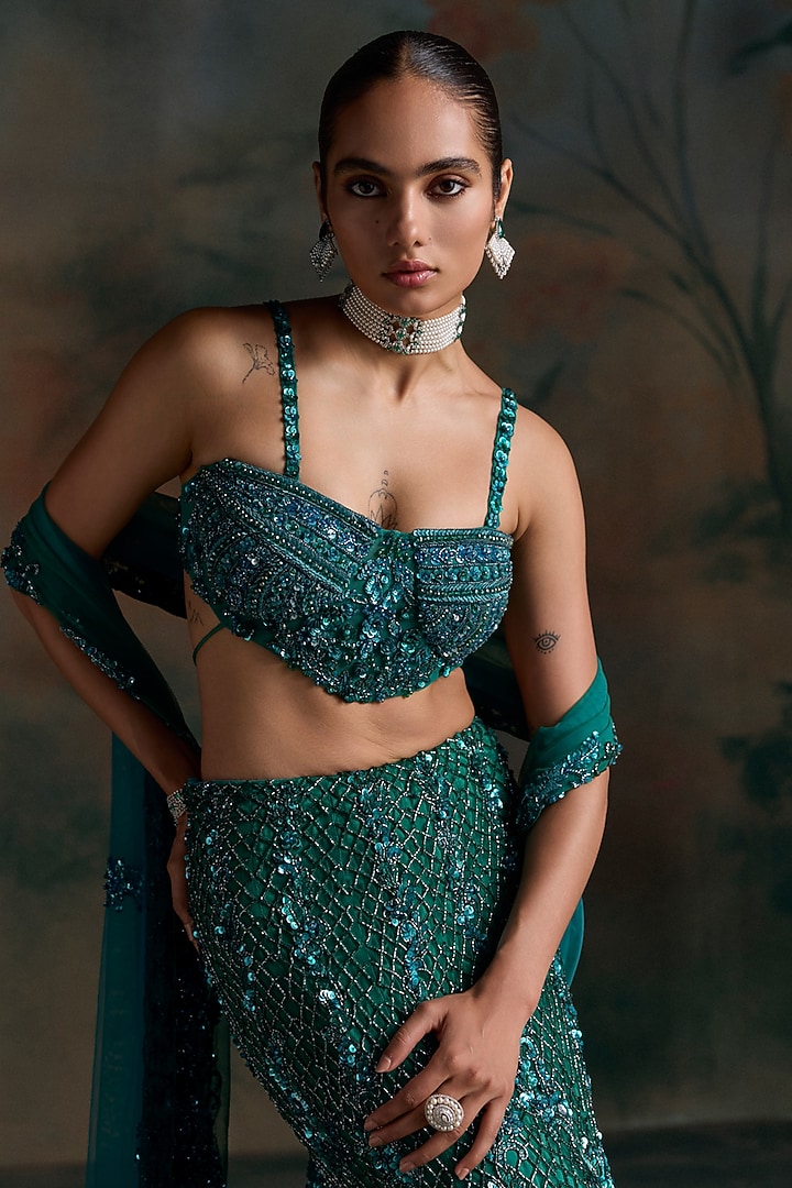 Teal Blue Net Embellished Fish-Cut Bridal Bridal Lehenga Set by OPUS ATELIER at Pernia's Pop Up Shop