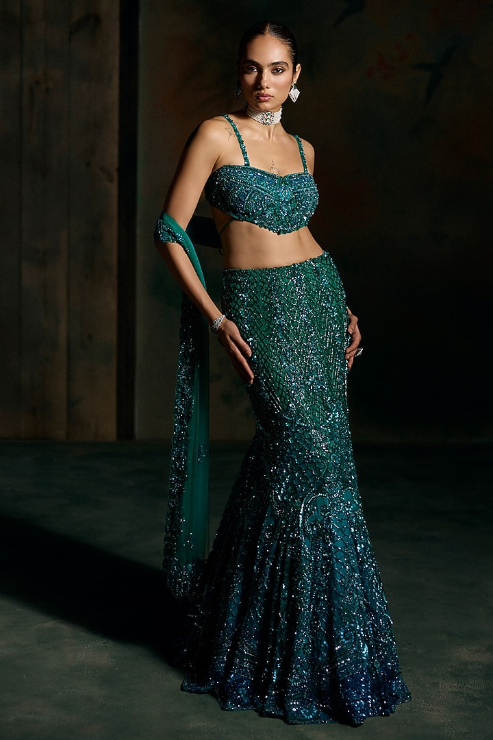 Teal Blue Net Embellished Fish-Cut Bridal Bridal Lehenga Set by OPUS ATELIER at Pernia's Pop Up Shop