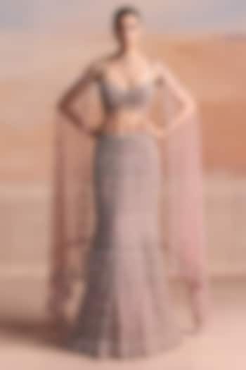 Light Pink Net Sequin Embellished Fish-Cut Bridal Bridal Lehenga Set by OPUS ATELIER at Pernia's Pop Up Shop