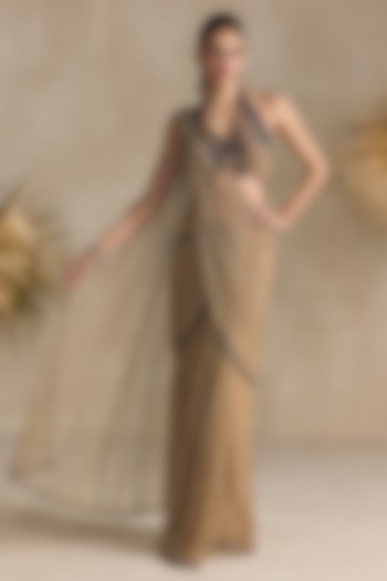 Golden Net Butterfly Motif Embroidered Pre-Draped Reception Saree Set by OPUS ATELIER at Pernia's Pop Up Shop
