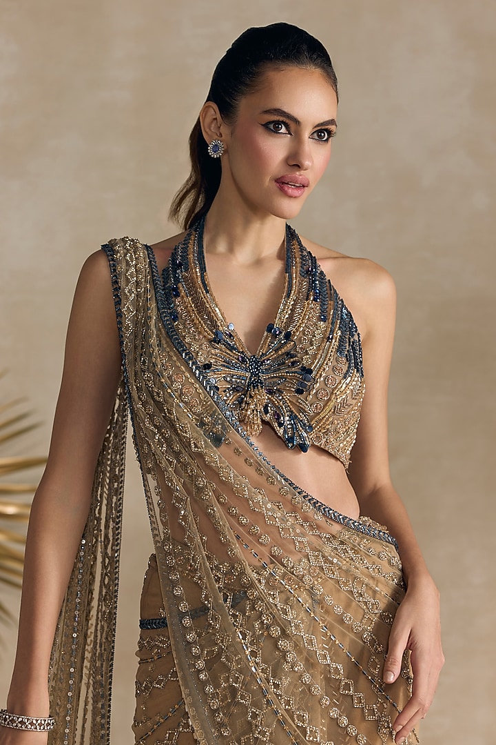 Golden Net Butterfly Motif Embroidered Pre-Draped Reception Saree Set by OPUS ATELIER at Pernia's Pop Up Shop