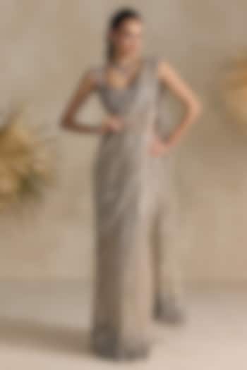Silver Net Sequins Hand Embroidered Pre-Draped Reception Saree Set by OPUS ATELIER at Pernia's Pop Up Shop