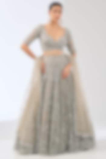 Grey Net Sequins & Glass Beads Hand Embroidered Bridal Lehenga Set by OPUS ATELIER at Pernia's Pop Up Shop