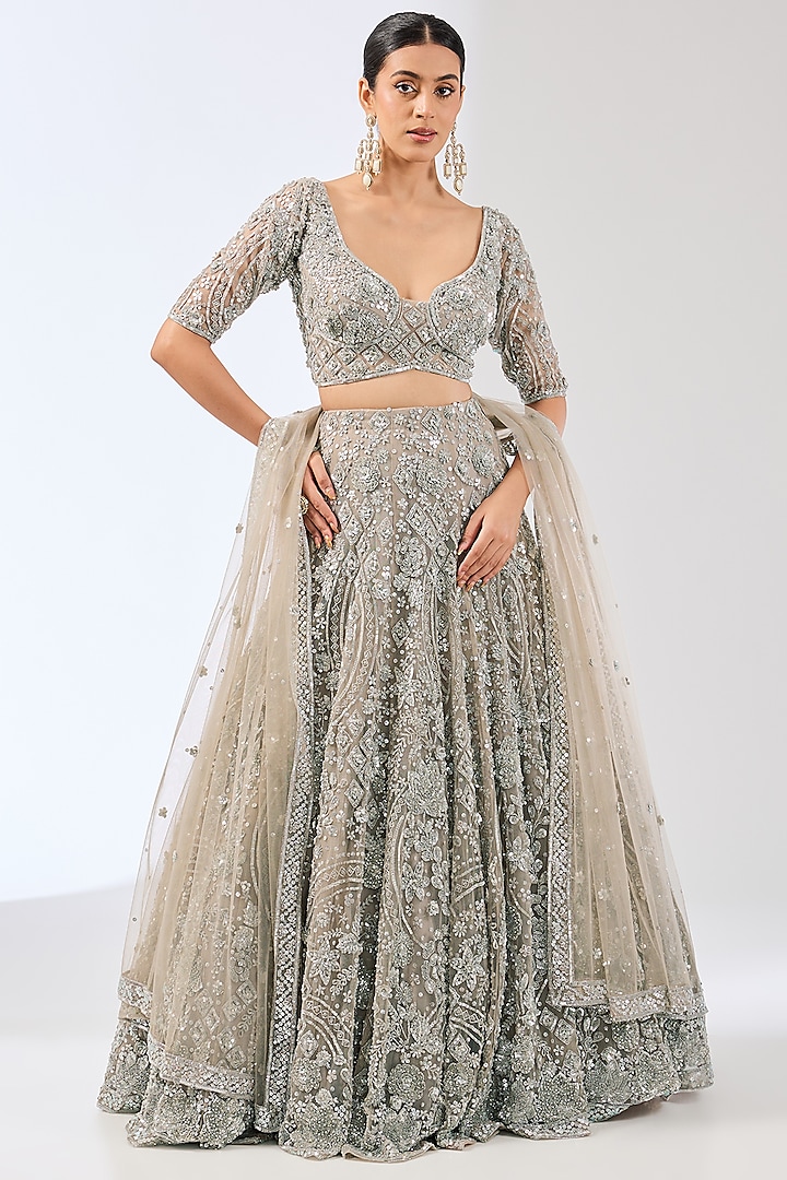 Grey Net Sequins & Glass Beads Hand Embroidered Bridal Lehenga Set by OPUS ATELIER at Pernia's Pop Up Shop