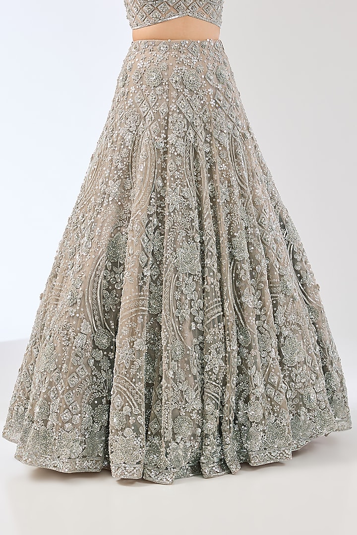 Grey Net Sequins & Glass Beads Hand Embroidered Bridal Lehenga Set by OPUS ATELIER at Pernia's Pop Up Shop