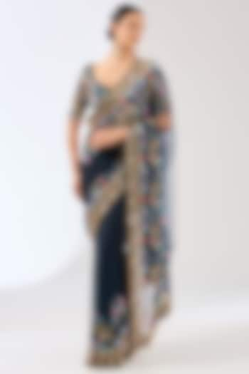 Navy Blue Crepe Sequins Hand Embroidered Saree Set by OPUS ATELIER at Pernia's Pop Up Shop