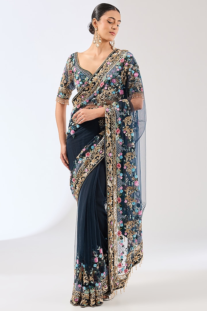 Navy Blue Crepe Sequins Hand Embroidered Saree Set by OPUS ATELIER at Pernia's Pop Up Shop