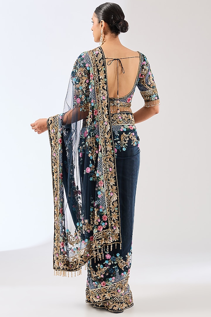 Navy Blue Crepe Sequins Hand Embroidered Reception Saree Set by OPUS ATELIER at Pernia's Pop Up Shop