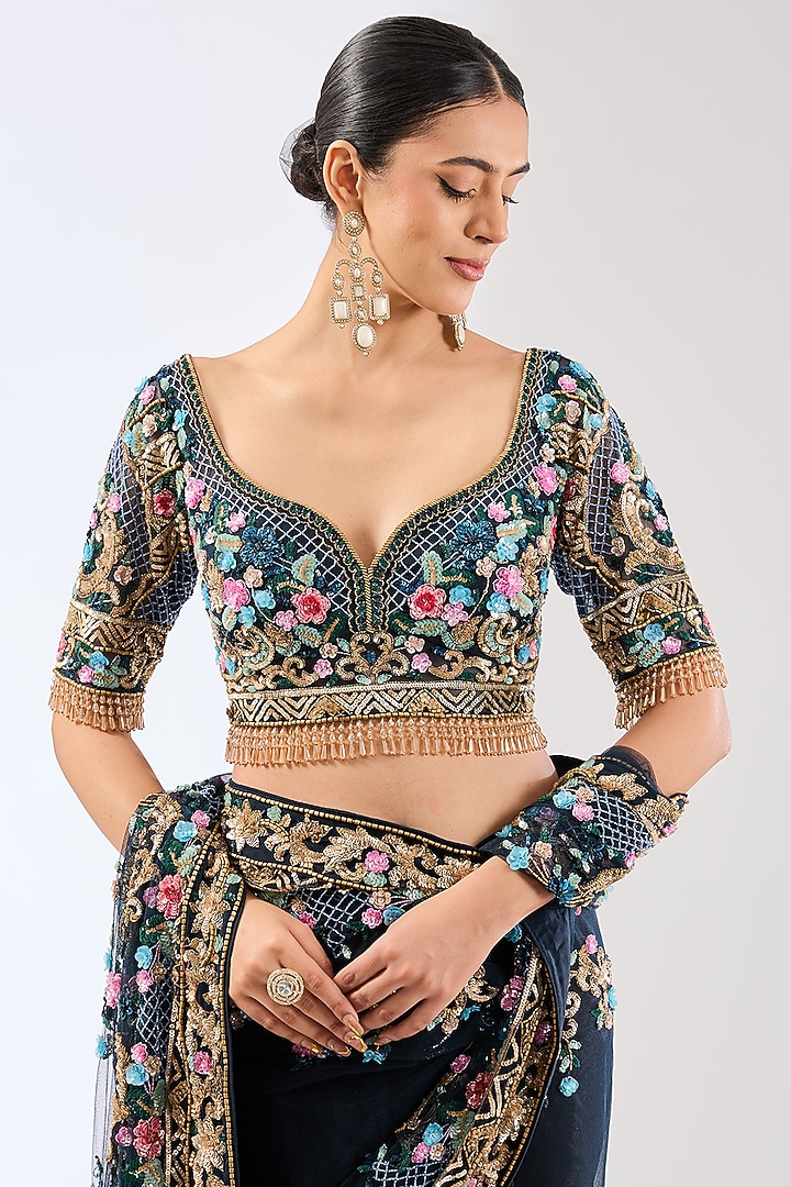 Navy Blue Crepe Sequins Hand Embroidered Reception Saree Set by OPUS ATELIER at Pernia's Pop Up Shop