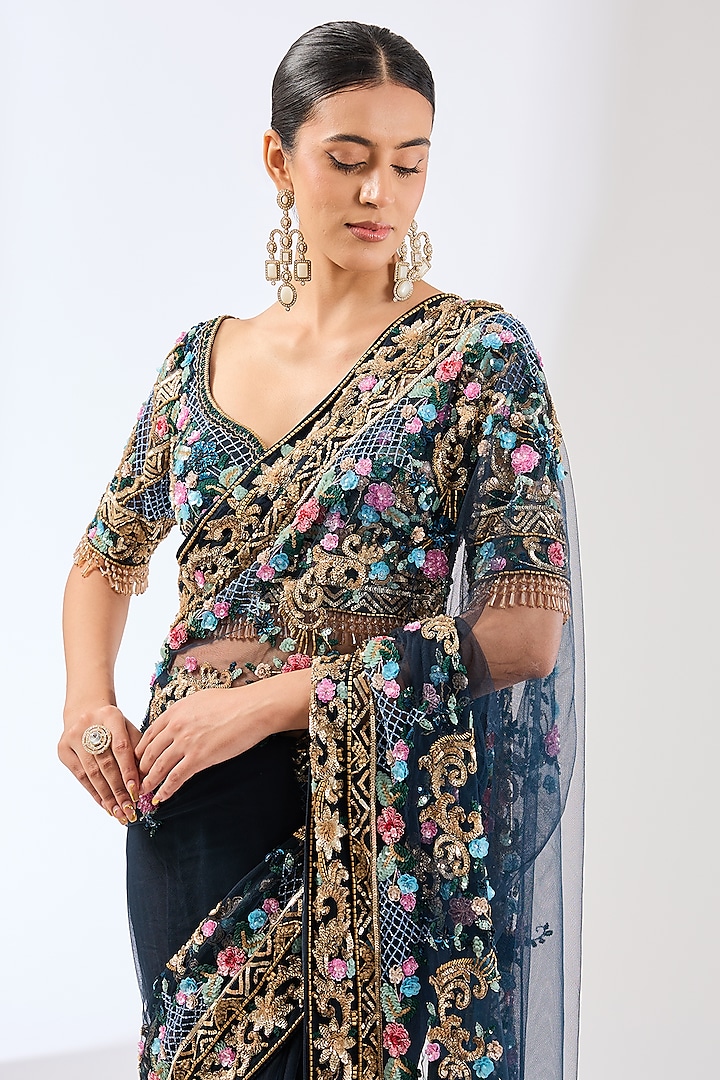 Navy Blue Crepe Sequins Hand Embroidered Reception Saree Set by OPUS ATELIER at Pernia's Pop Up Shop