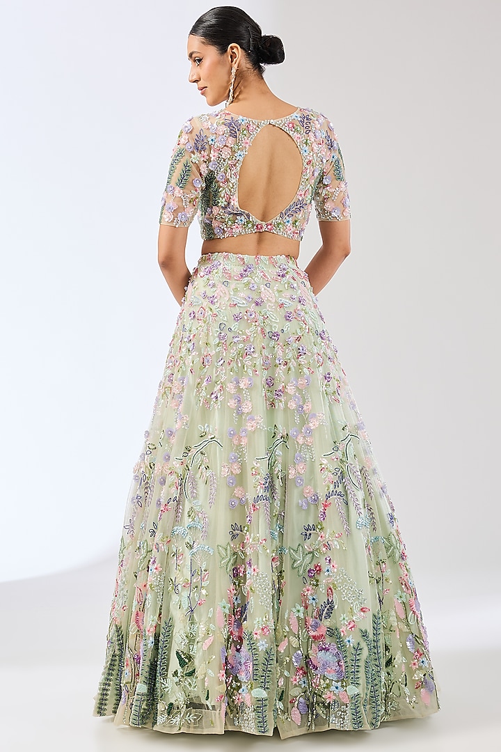 Mint Green Net Sequins & Glass Beads Hand Embroidered Bridal Lehenga Set by OPUS ATELIER at Pernia's Pop Up Shop