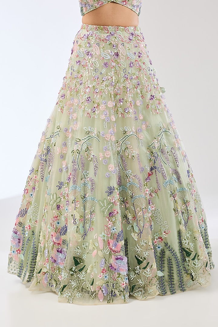 Mint Green Net Sequins & Glass Beads Hand Embroidered Bridal Lehenga Set by OPUS ATELIER at Pernia's Pop Up Shop
