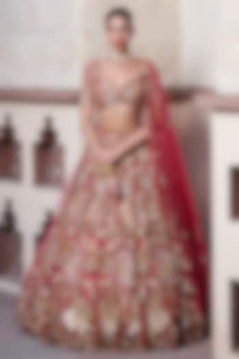 Magenta Pink & Gold Tulle Net Hand Embroidered Bridal Lehenga Set by OPUS ATELIER at Pernia's Pop Up Shop