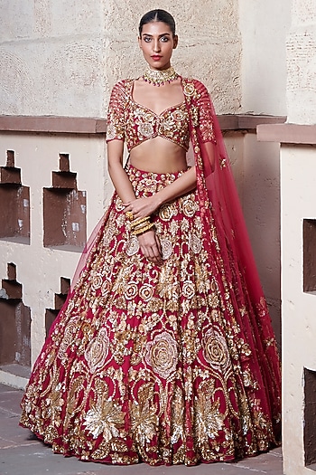 Magenta Pink & Gold Tulle Net Hand Embroidered Bridal Lehenga Set by OPUS ATELIER at Pernia's Pop Up Shop