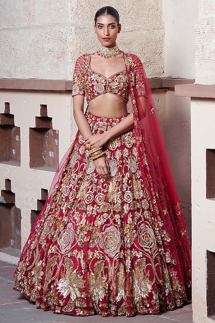 Magenta Pink & Gold Tulle Net Hand Embroidered Bridal Lehenga Set by OPUS ATELIER at Pernia's Pop Up Shop