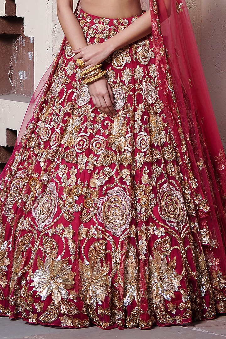 Magenta Pink & Gold Tulle Net Hand Embroidered Bridal Lehenga Set by OPUS ATELIER at Pernia's Pop Up Shop