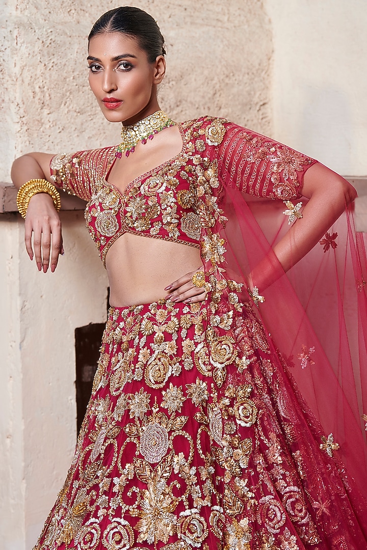 Magenta Pink & Gold Tulle Net Hand Embroidered Bridal Lehenga Set by OPUS ATELIER at Pernia's Pop Up Shop